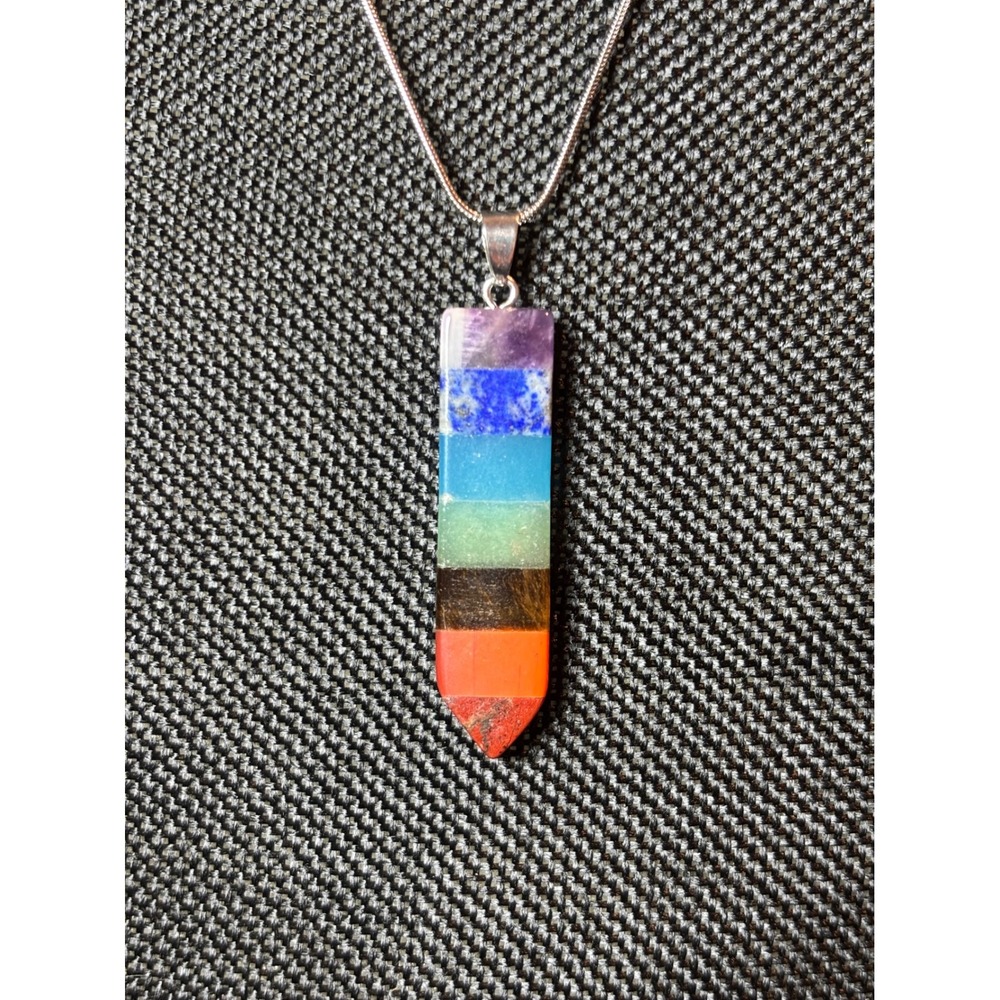 Rainbow Chakra Stone Point Pendant Necklace Stainless Steel Snake Chain 20in